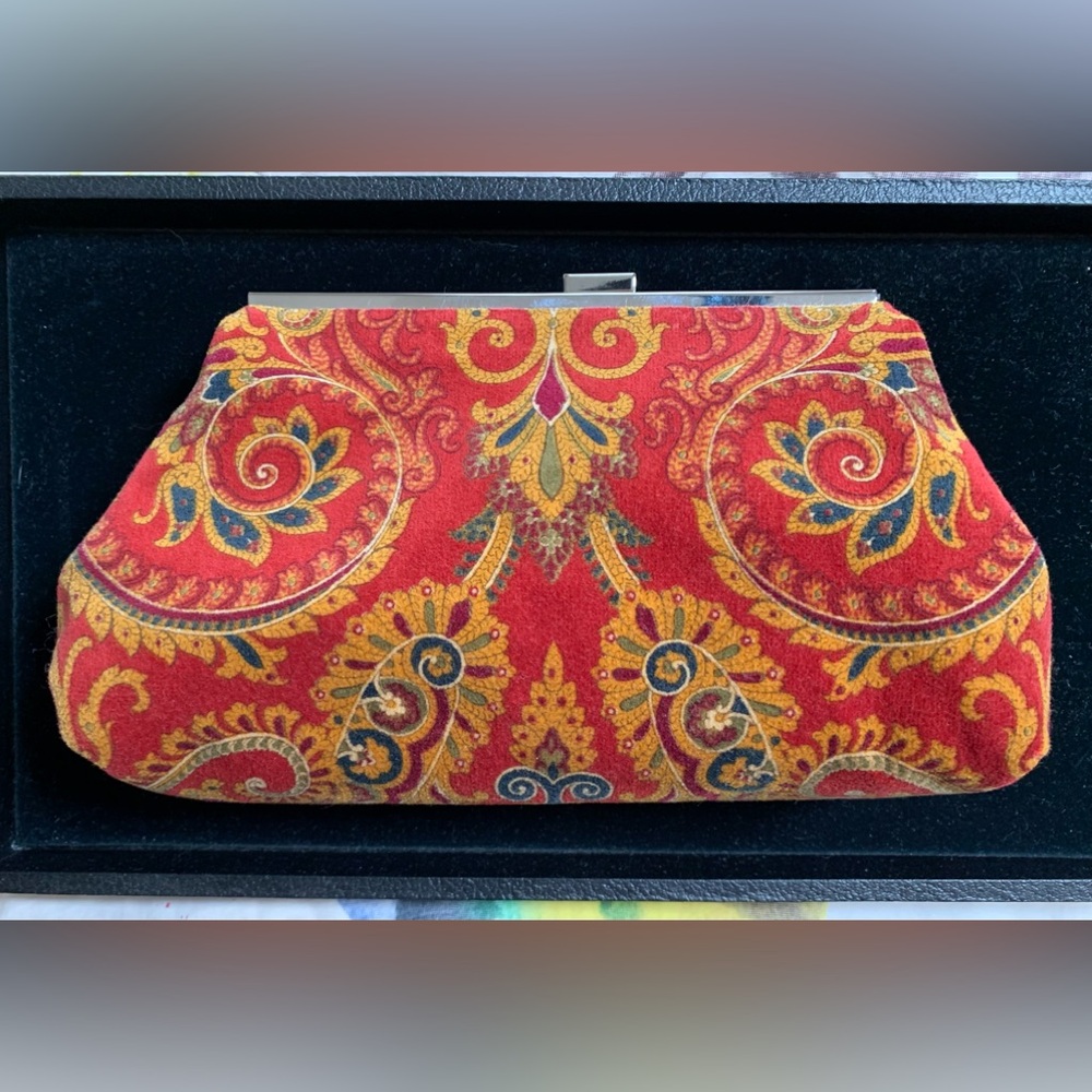 Vibrant Paisley velour Clutch in burnt orange and Gold